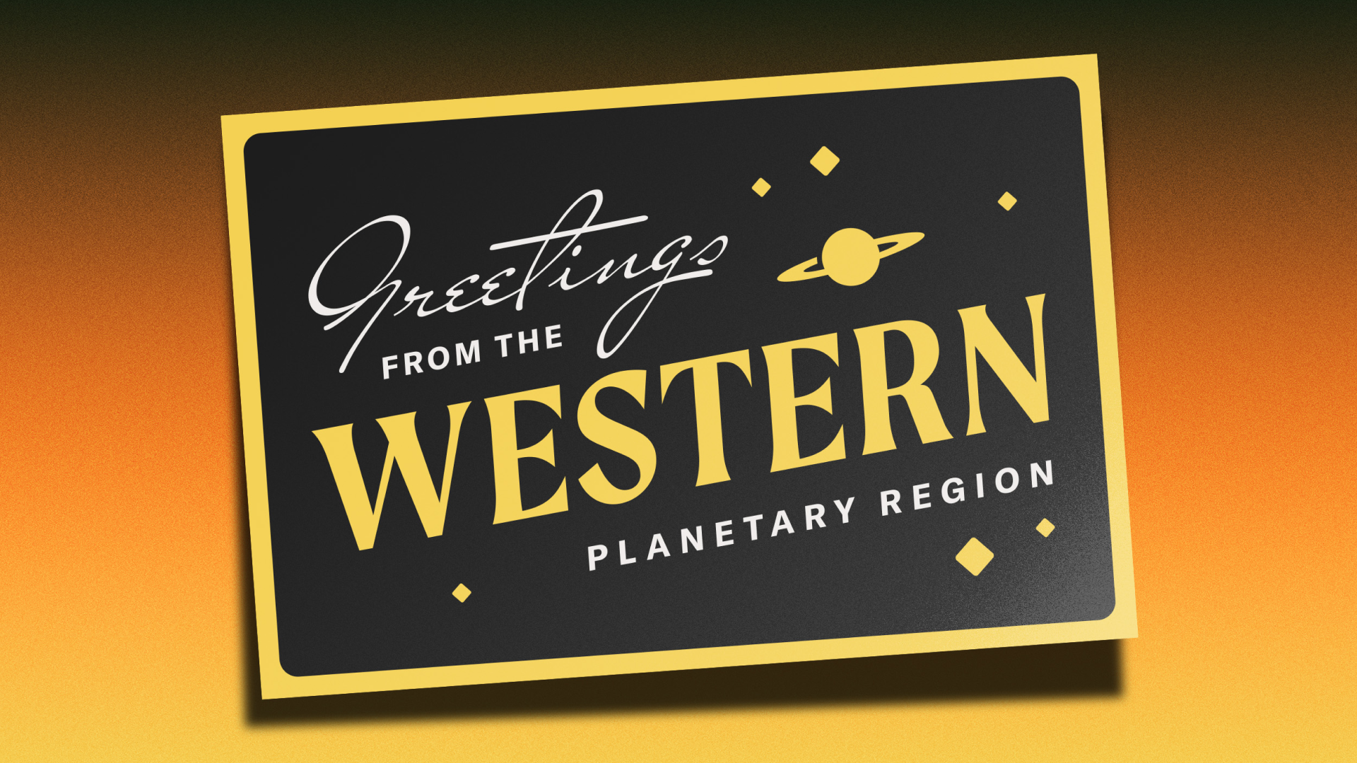 Decorative card with 'Greetings from the Western Planetary Region' text on a gradient background
