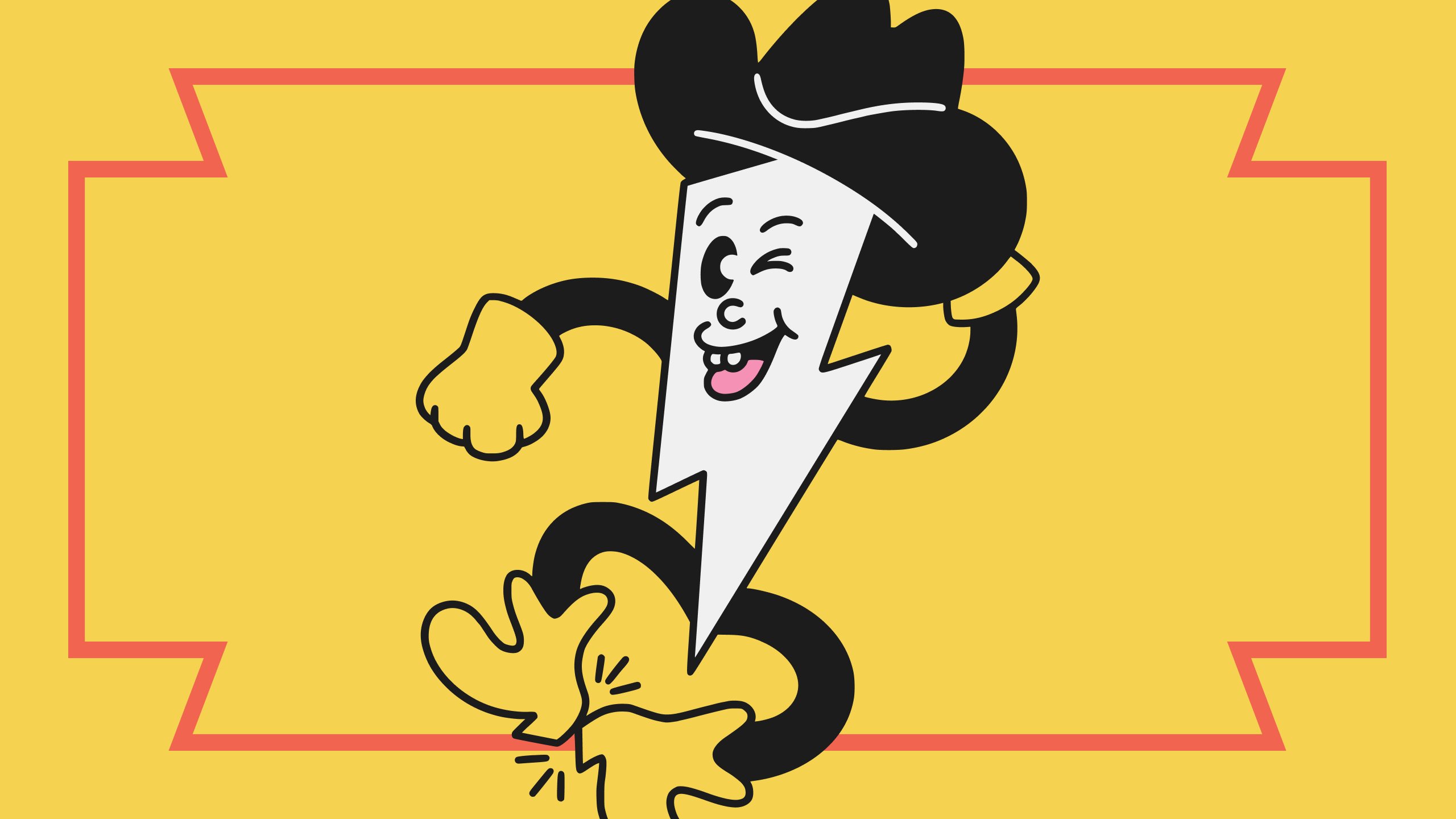 Cartoon lightning bolt wearing a cowboy hat, yellow gloves, and yellow boots on a yellow background jumping and tapping heels together